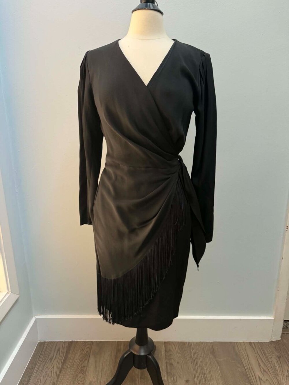 BB Collections Vintage Black Wrap Fringe Dress Size 8